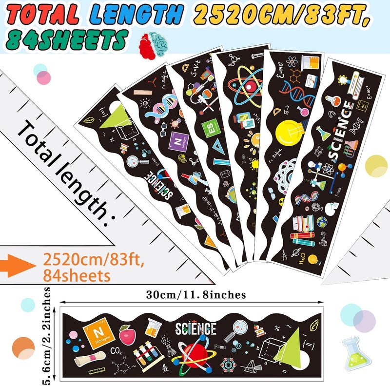 Geyee 84 Pieces 83 Feet Classroom Bulletin Board Borders Scalloped Rainbow Bulletin Board Trim Adhesive Decorations Colorful for Chalkboard, 6 Designs(Science Style) - Image 2